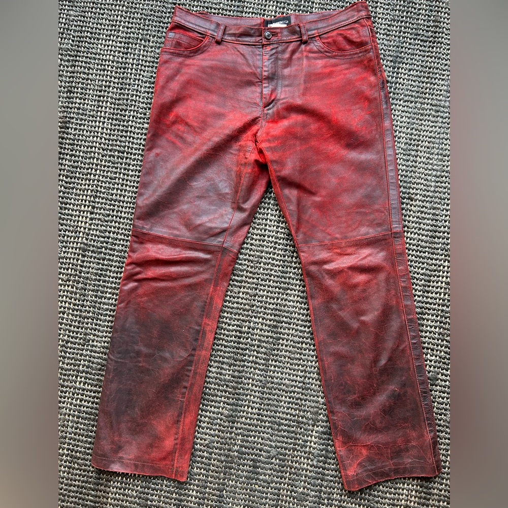 Ann Demuelemeester red distressed leather pants